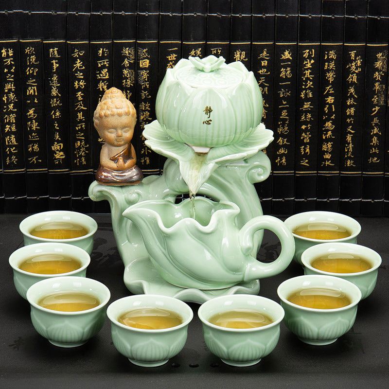 Automatic Tea Set – Celadon Semi-Automatic Tea Maker, Lotus Buddha Design, 8 Cups