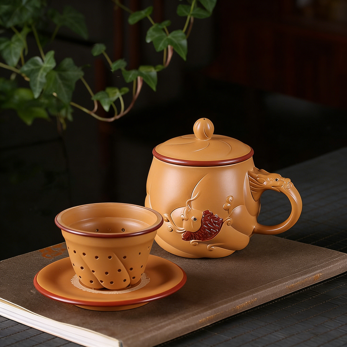 Yixing Purple Yellow Clay Fish & Dragon Tea Cup