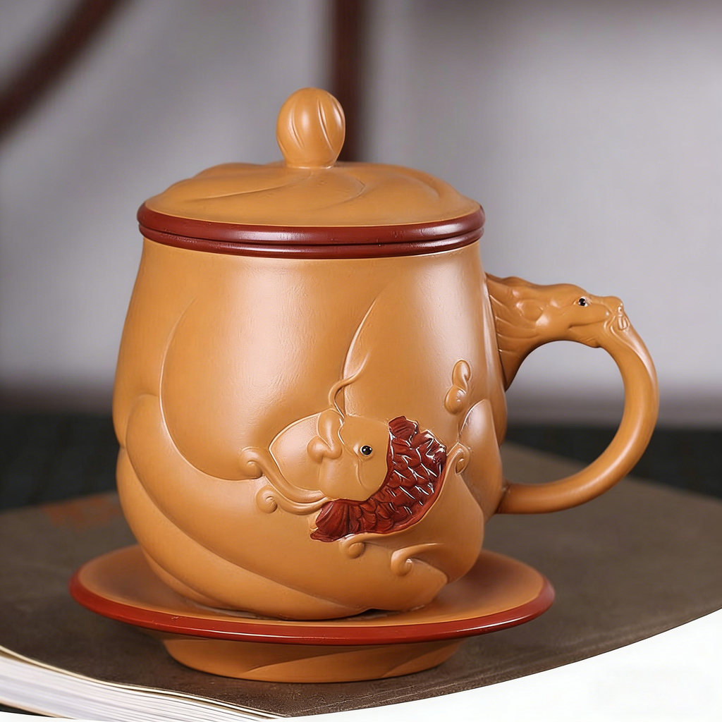 Yixing Purple Yellow Clay Fish & Dragon Tea Cup