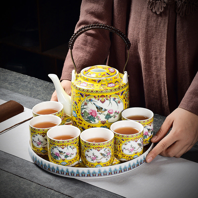Porcelain Chinese Teapot with Handle – Yellow, Traditional Court Style, Large Capacity
