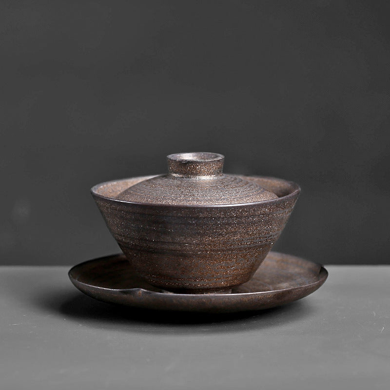 Rustic Pottery Gaiwan – Bronze Gold Glaze, Traditional Chinese Style, 180ml