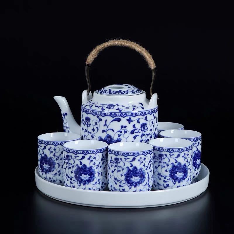 Jingdezhen Blue and White Interlocking Lotus Lifting Handle  Chinese Tea Set
