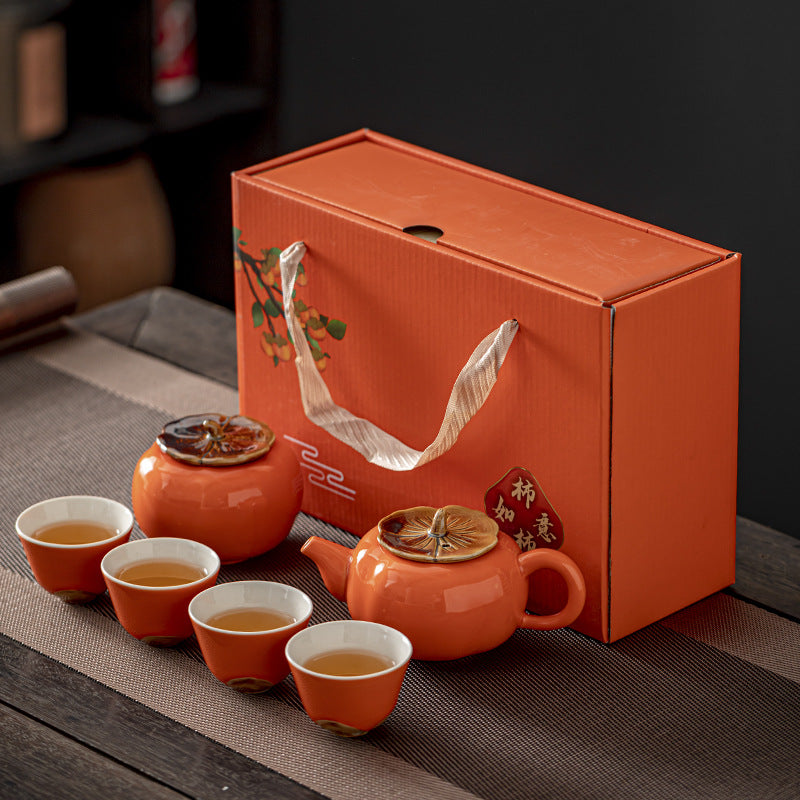 Persimmon “Everything Goes Well” Modern Tea Set – 4-Cup Gift Set with Flower Base Cups