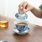 Blue and White Porcelain Gaiwan – Wanfu Pattern, 170ml, Ru Ware Style