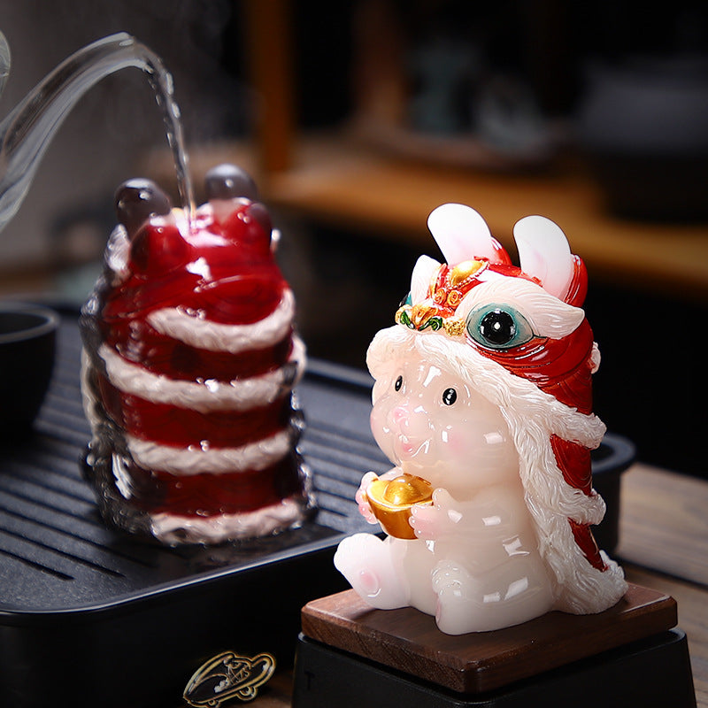 Color-Changing Lion Dance Rabbit Tea Pet – Jade Effect, Resin Figurine