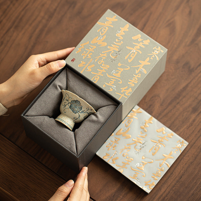 Chinese Master Tea Cup – Hand-Painted Entangled Lotus, Flower Rim, Gift Box