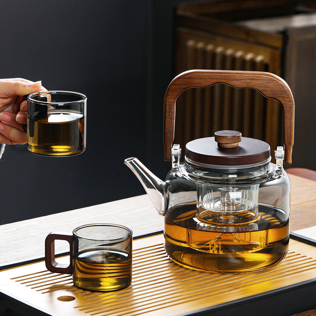 Glass Handle Teapot – Walnut Wood Accent, 1000ml, Heat-Resistant, in Clear & Smoke Grey