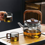 Glass Handle Teapot – Walnut Wood Accent, 1000ml, Heat-Resistant, in Clear & Smoke Grey