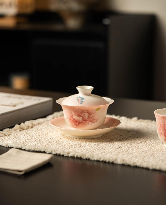 Gradual Pink Peony & Butterfly Flower Rim Gaiwan – with Saucer, 140ml