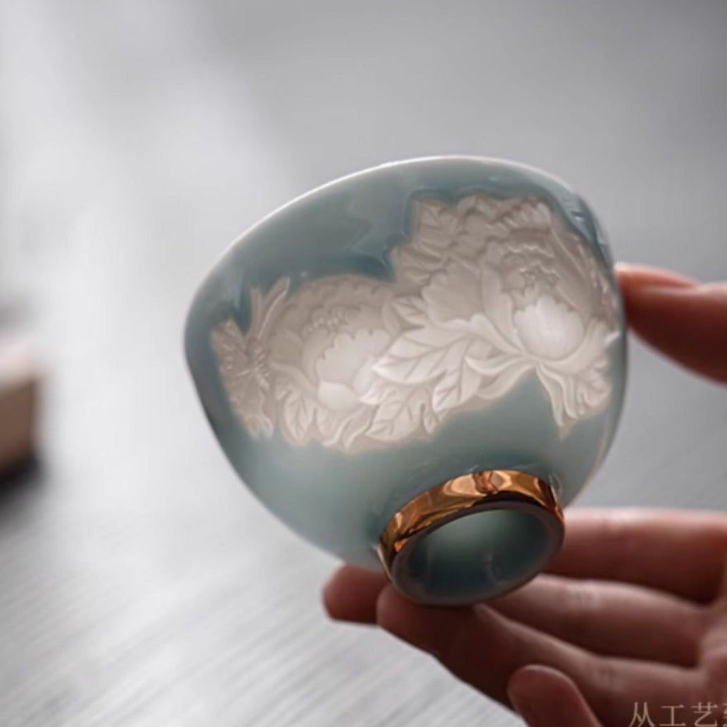 Shadow Carved Butterfly and Flower Master Cup – Elegant Porcelain Chinese Tea Cup for Women