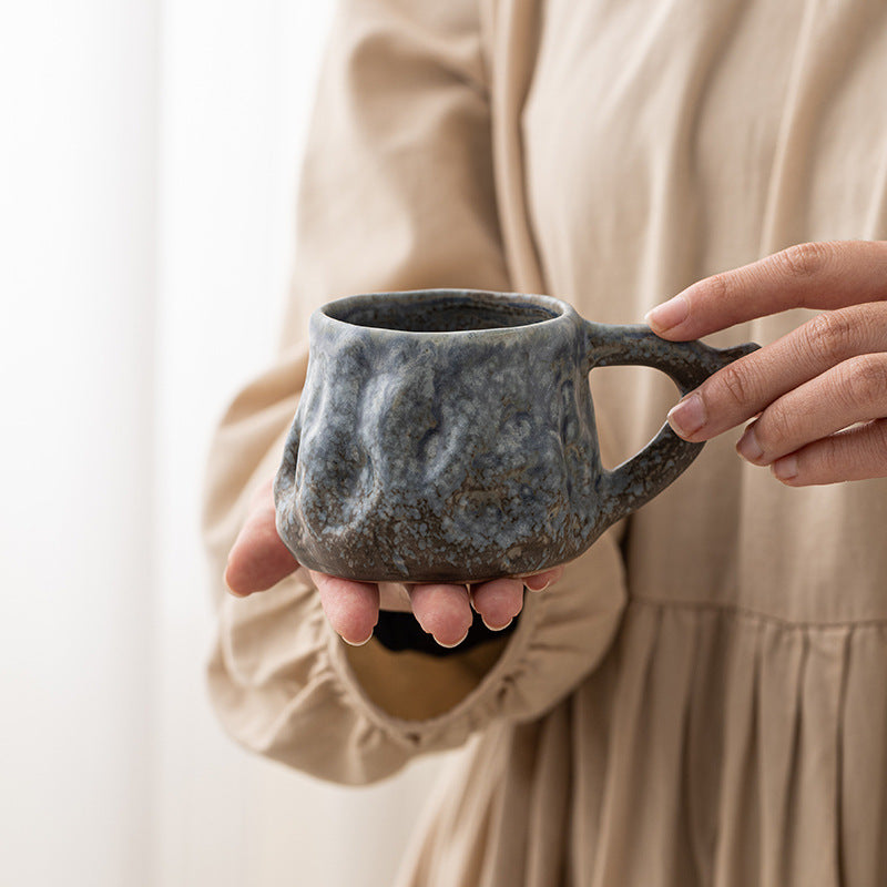 Irregular Hand-Pinched Ceramic Modern Tea Cup – Kiln-Changed Blue, 200ml