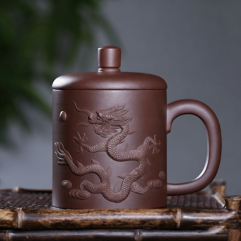 宜兴紫砂雕龙茶杯