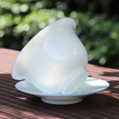 中式甜白瓷盖碗 - 薄胎，蓝线纹饰，170毫升