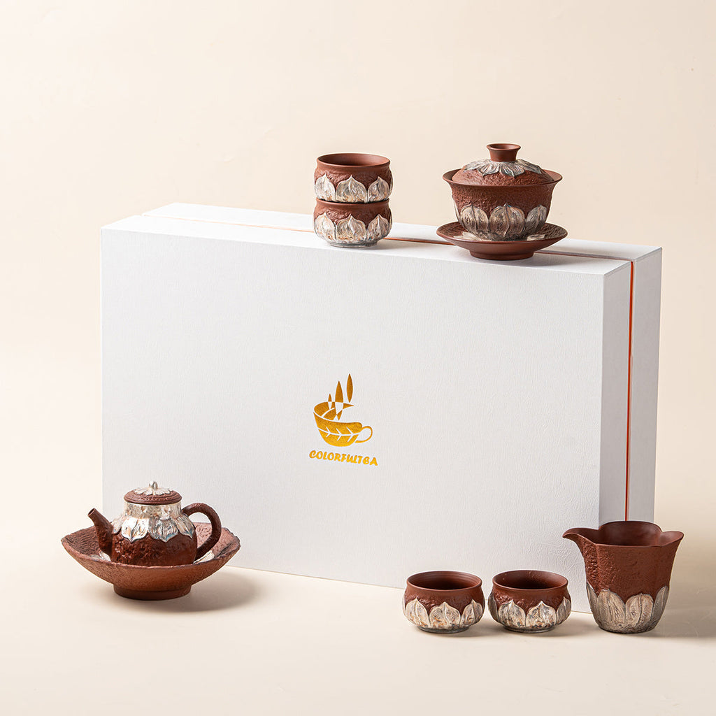 Red Pottery Silver-Gilt Lotus Chinese Tea Set