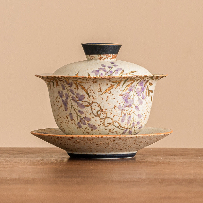 Blue and White Fire Stone Red Gaiwan – Hand-Painted Wisteria, Gold Trim, Gift Box, 135ml