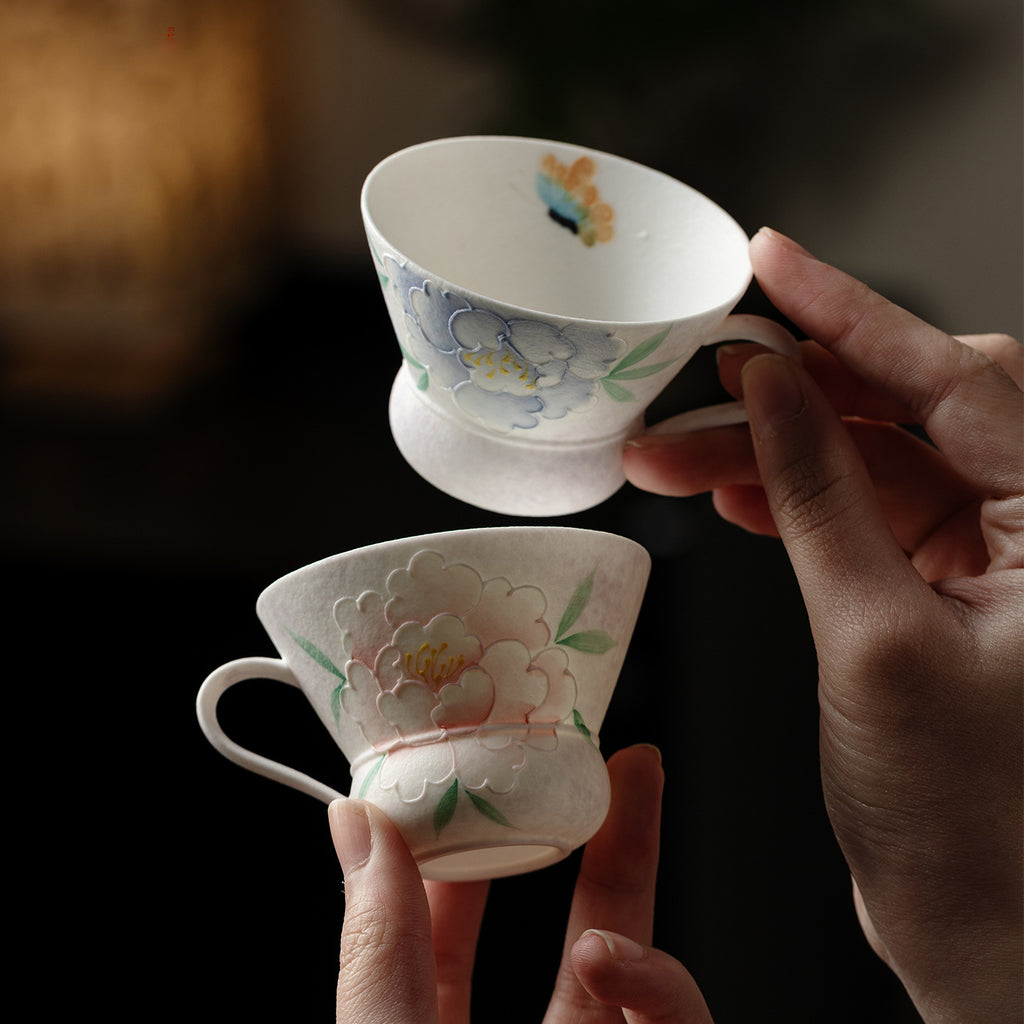 Hand-Painted Peony Gongfu Tea Cup – Ear-Handle Design, 80ml (Pink & Purple)