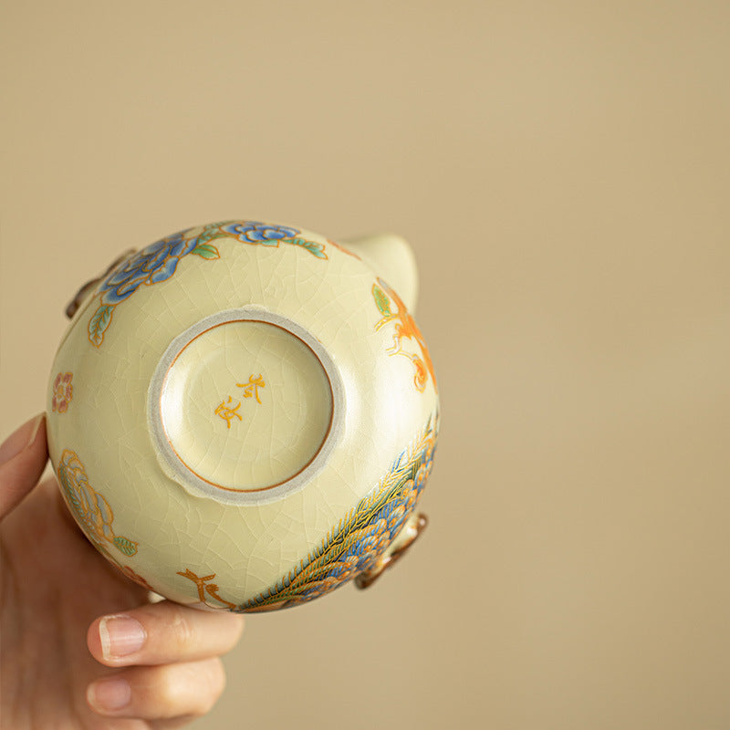 Song Dynasty Style Ru Ware Hand‑Held Chinese Teapot – Peacock Design, 200ml