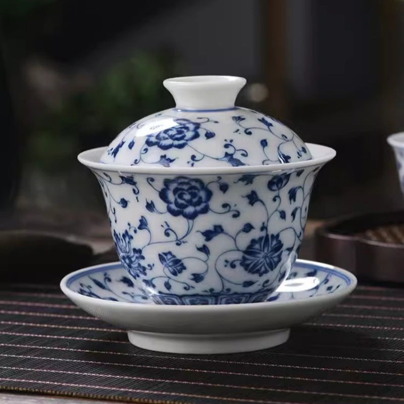 Vintage Blue and White Interlocking Lotus Three-Piece Gaiwan – Jingdezhen Kung Fu Tea Bowl
