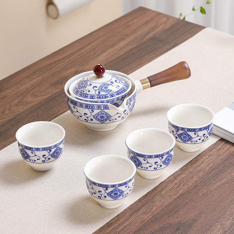Automatic Porcelain Travel Tea Set – Blue Floral & Black Elegant Designs, Portable Gongfu Set