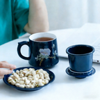 中式蓝色花卉办公室茶杯带滤胆