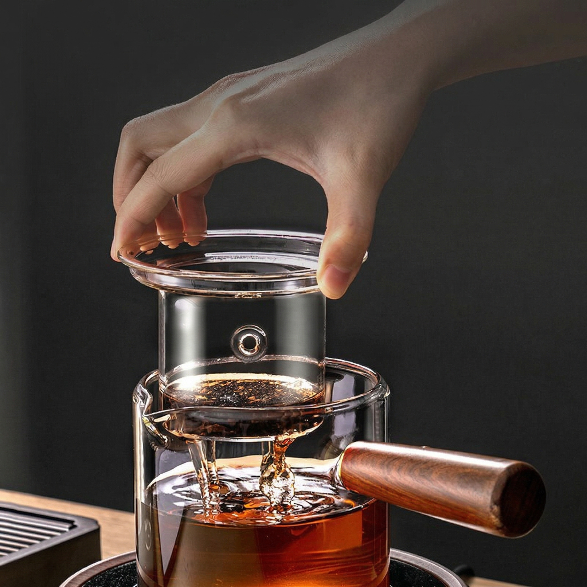 Wooden Side-Handle Glass Teapot – Heat-Resistant Borosilicate with Infuser