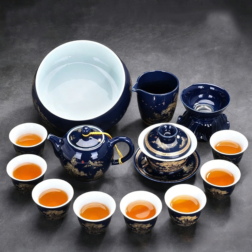 中式青花山水瓷茶具套装