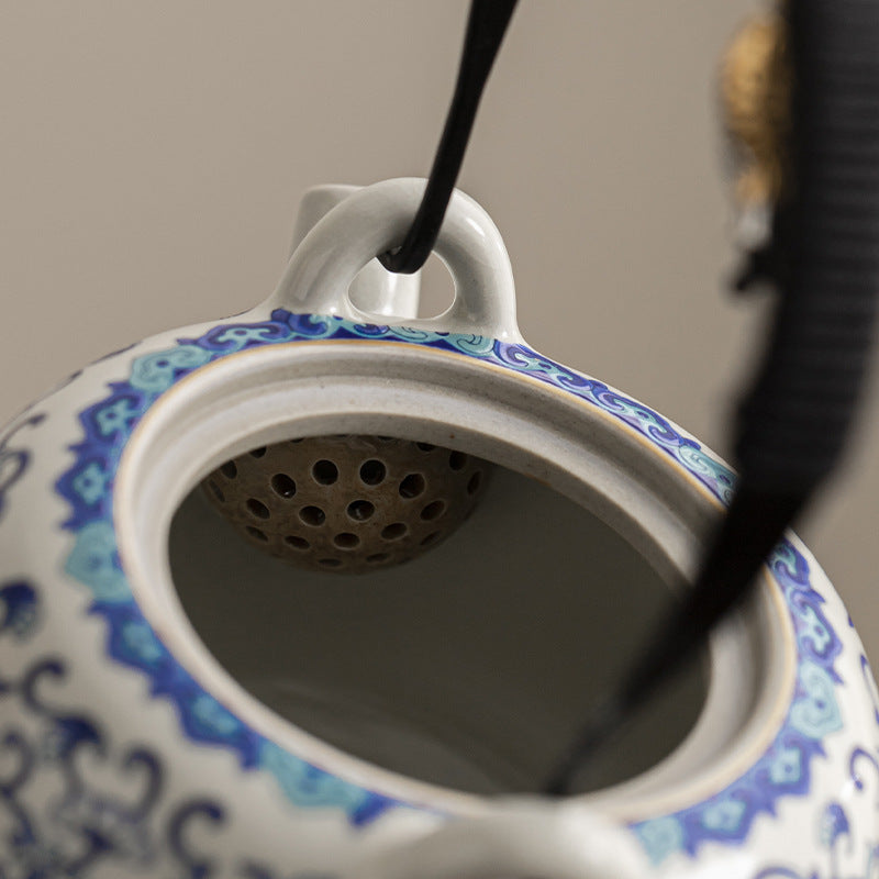 Ru Kiln Porcelain Teapot – Beige Glaze with Floral Motif, Traditional Chinese Style