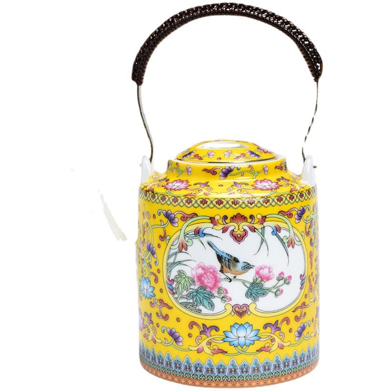 Porcelain Chinese Teapot with Handle – Yellow, Traditional Court Style, Large Capacity