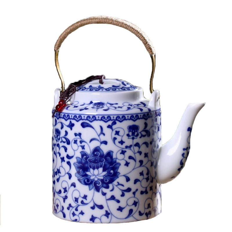 Jingdezhen Blue and White Interlocking Lotus Lifting Handle  Chinese Tea Set