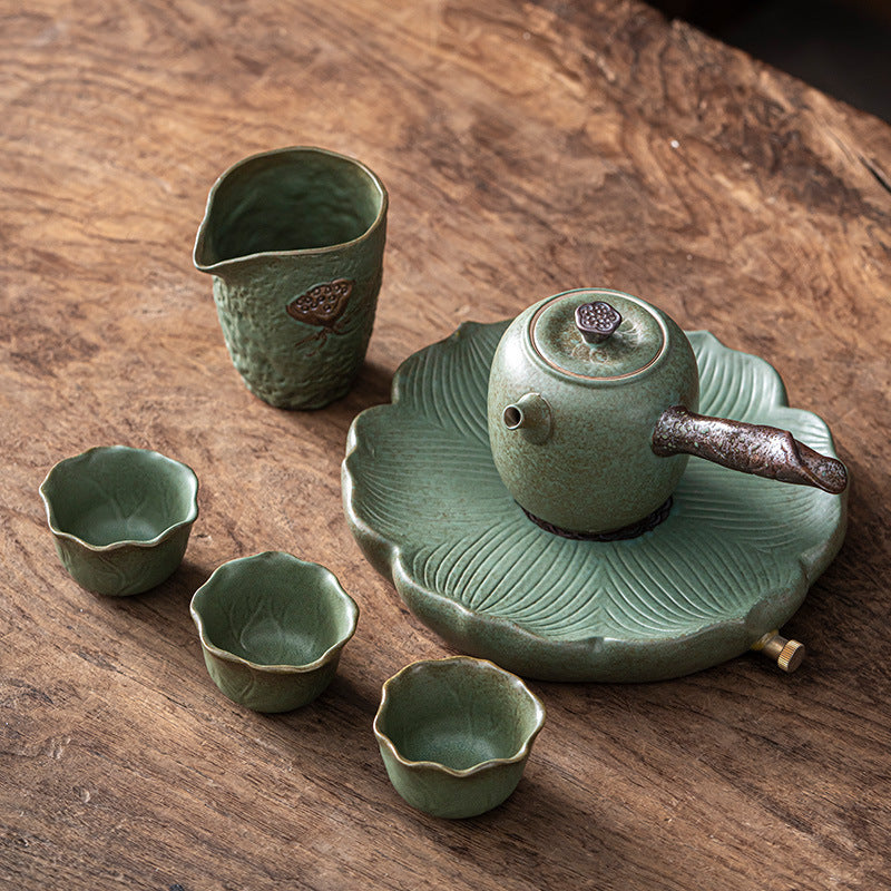 Dark Green Side-Handle Porcelain Chinese Tea Set – 6-Piece Gift Box