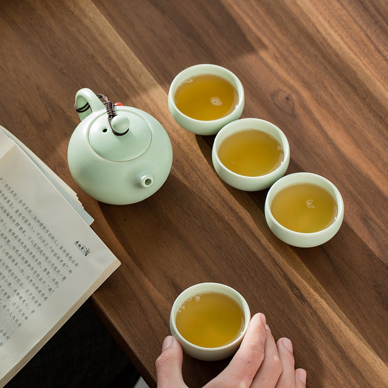 Ding Ware Travel Gongfu Tea Sets – Green Xishi Teapot with 4 Cups