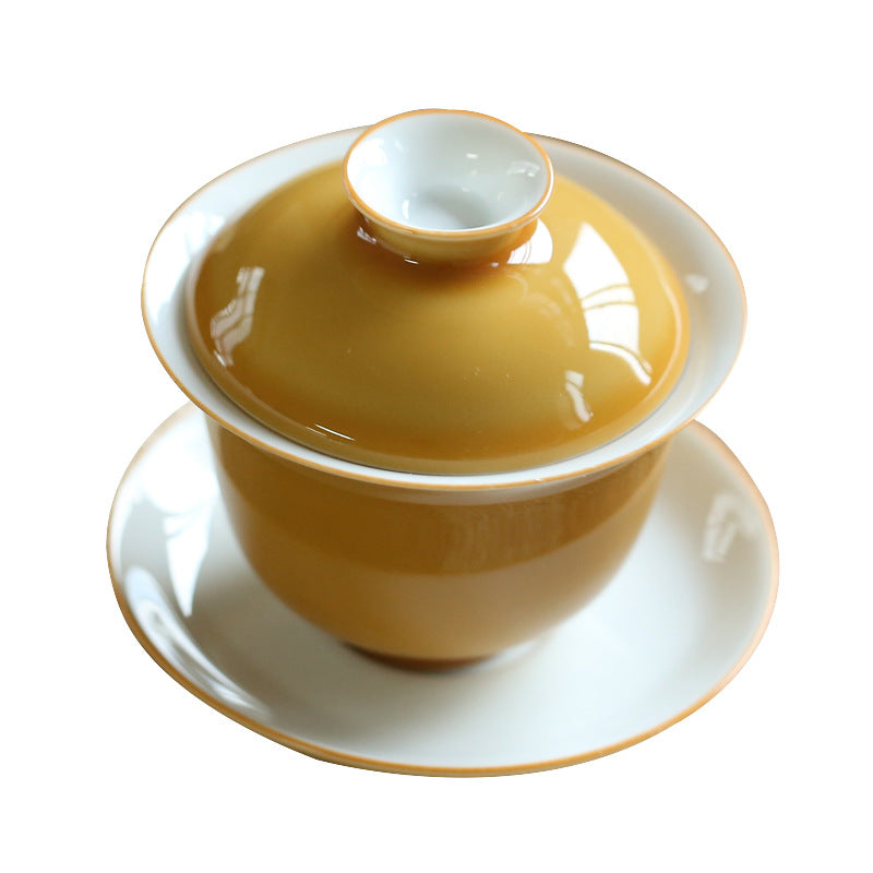 Yellow Glaze Porcelain Gaiwan – Traditional Three-Piece Set, 160ml