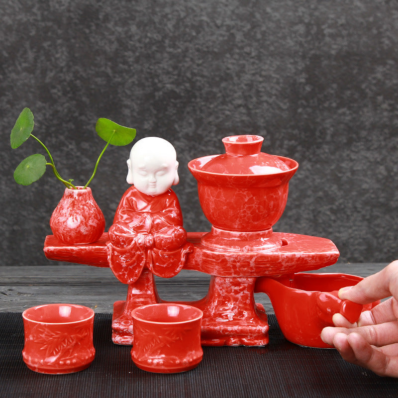 Semi-Automatic Marble Pattern Gongfu Tea Set – Ceramic, Complete Set with Base