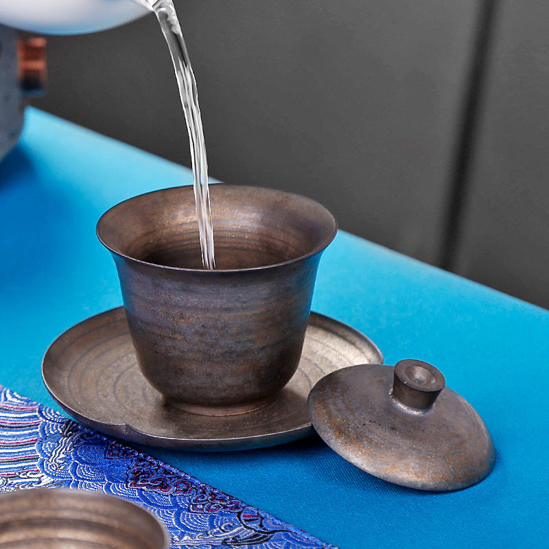 Rustic Pottery Gaiwan – Bronze Gold Glaze, Traditional Chinese Style, 180ml
