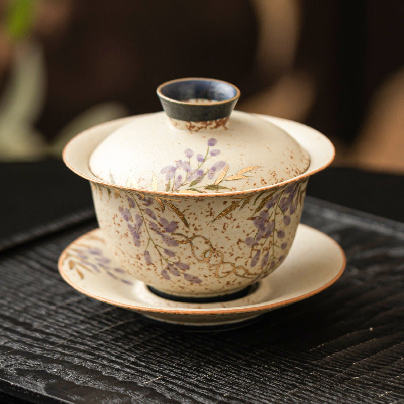 Blue and White Fire Stone Red Gaiwan – Hand-Painted Wisteria, Gold Trim, Gift Box, 135ml