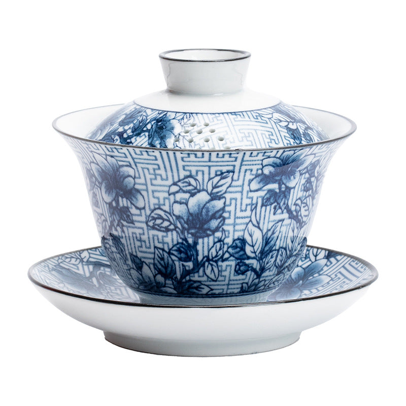 Blue and White Porcelain Gaiwan – Wanfu Pattern, 170ml, Ru Ware Style