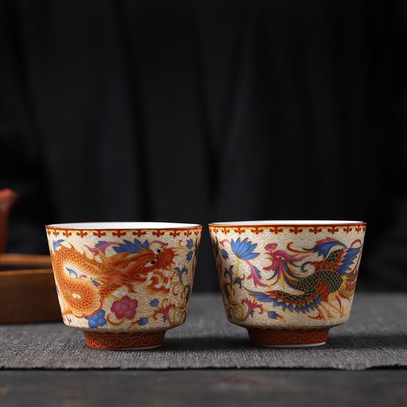 Jingdezhen Enameled Porcelain Dragon and Phoenix Pair Tea Cups – Gongfu tea Cup