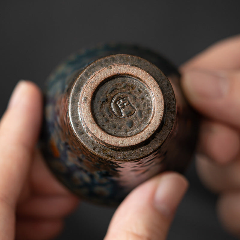 Japanese Tea Cup – Aged Rock Mud, Peacock Blue Bronze Glaze, 50ml