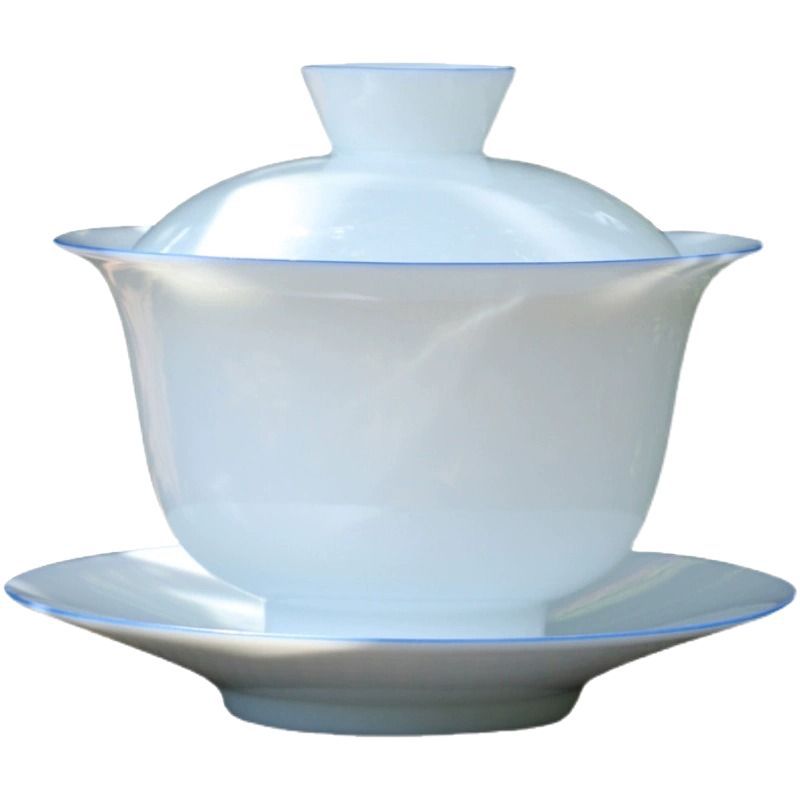 Chinese Sweet White Porcelain Gaiwan – Thin Body, Blue Line Decoration, 170ml