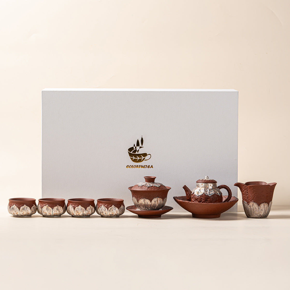 Red Pottery Silver-Gilt Lotus Chinese Tea Set