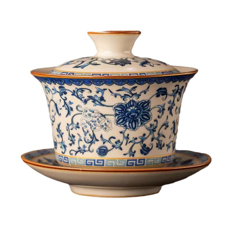 Blue-and-White Ruyao Gaiwan Tea Set – Porcelain Gaiwan with Cups for Kung Fu Tea