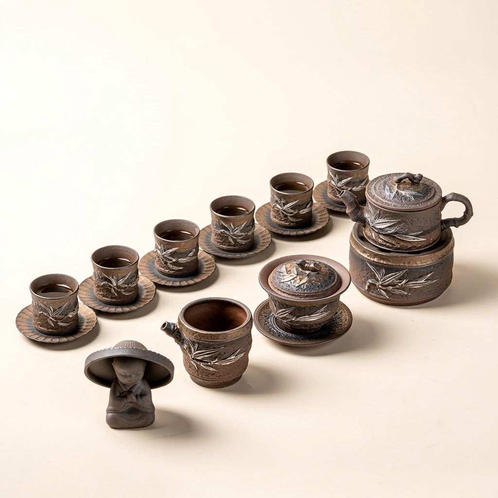 Japanese Pottery Gilded Iron Glaze Bamboo Tea Set