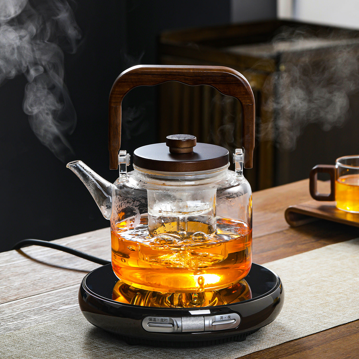 Glass Handle Teapot – Walnut Wood Accent, 1000ml, Heat-Resistant, in Clear & Smoke Grey