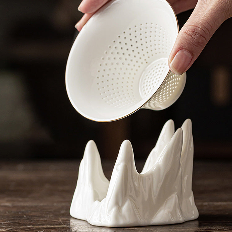 White Porcelain Tea Strainer Set – Gold Trim, Multiple Designs, Ceramic Filter