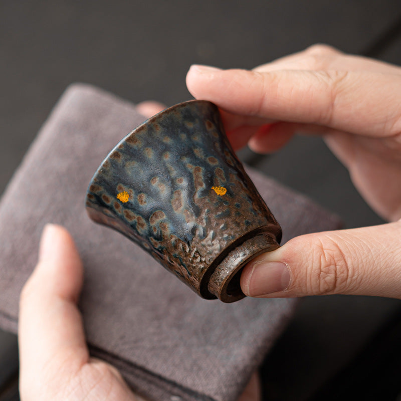 Japanese Tea Cup – Aged Rock Mud, Peacock Blue Bronze Glaze, 50ml