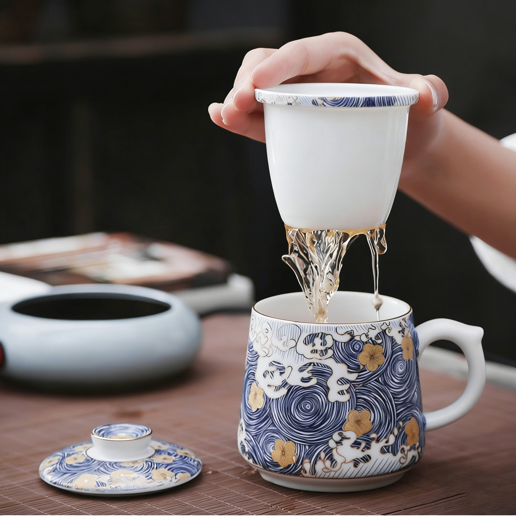 中式海浪纹茶杯带滤网