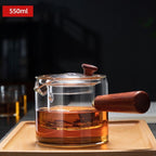 Wooden Side-Handle Glass Teapot – Heat-Resistant Borosilicate with Infuser