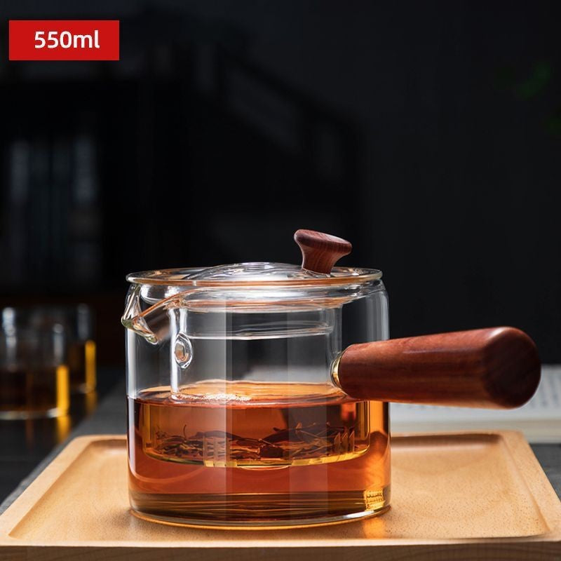 Wooden Side-Handle Glass Teapot – Heat-Resistant Borosilicate with Infuser