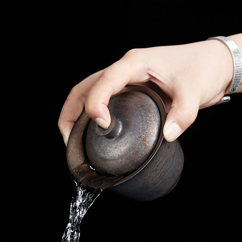 Rustic Pottery Gaiwan – Bronze Gold Glaze, Traditional Chinese Style, 180ml