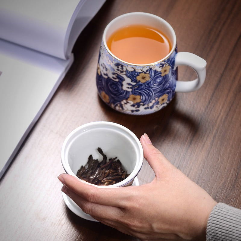 中式海浪纹茶杯带滤网